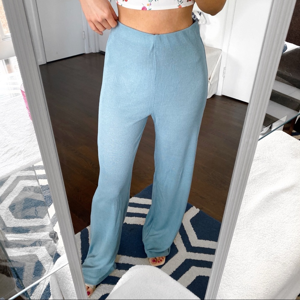 🌊 ZARA TALL BOHO DUSTY BLUE SHEER HIGH WAIST WIDE LEG PANTS!
